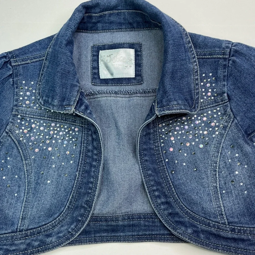 Justice Blue Denim Bolero Shrug Kids 8/10 Rhinestone Embellished Cap Sleeve